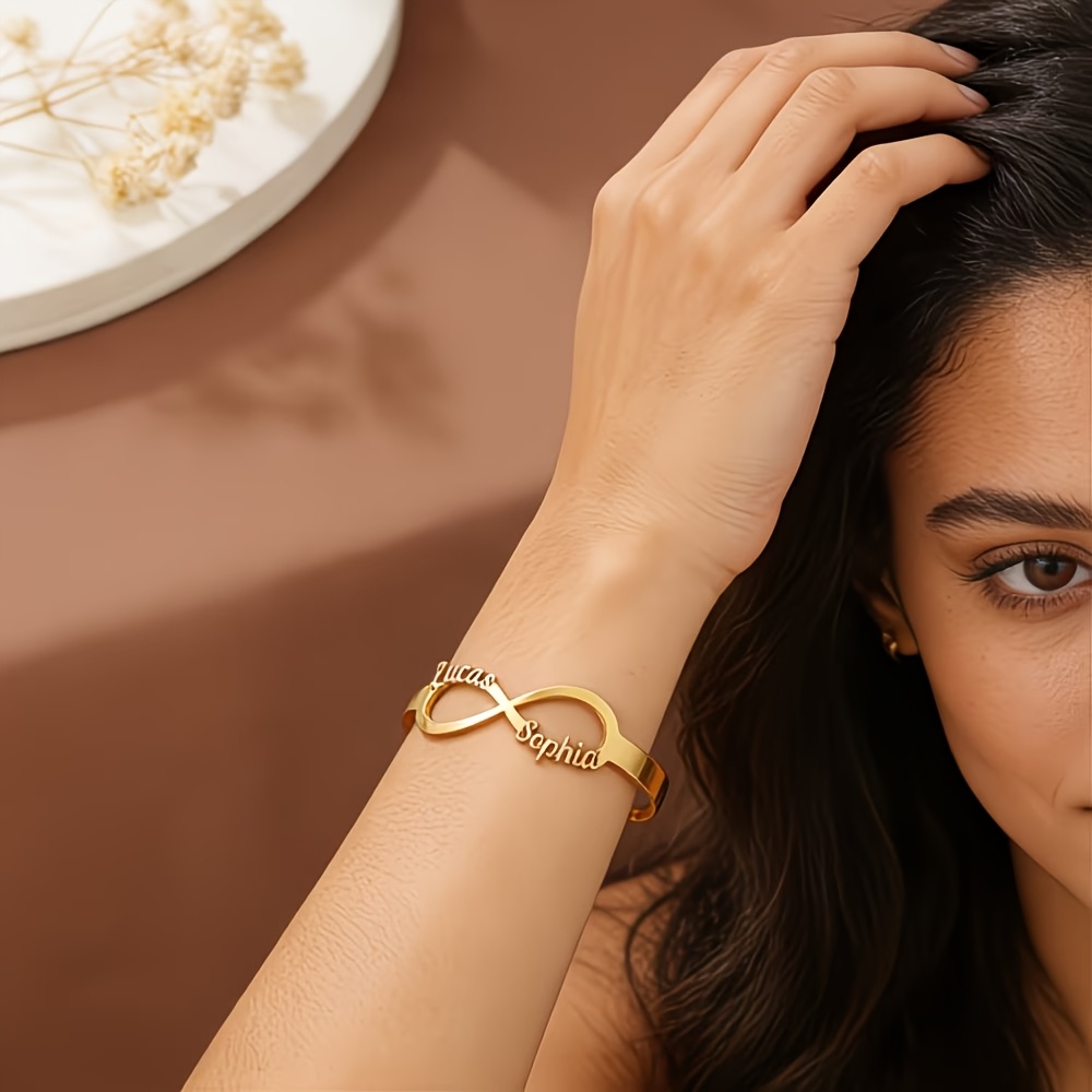 Women's Custom Infinity Loop Name Open Bangle, Engravable Gift